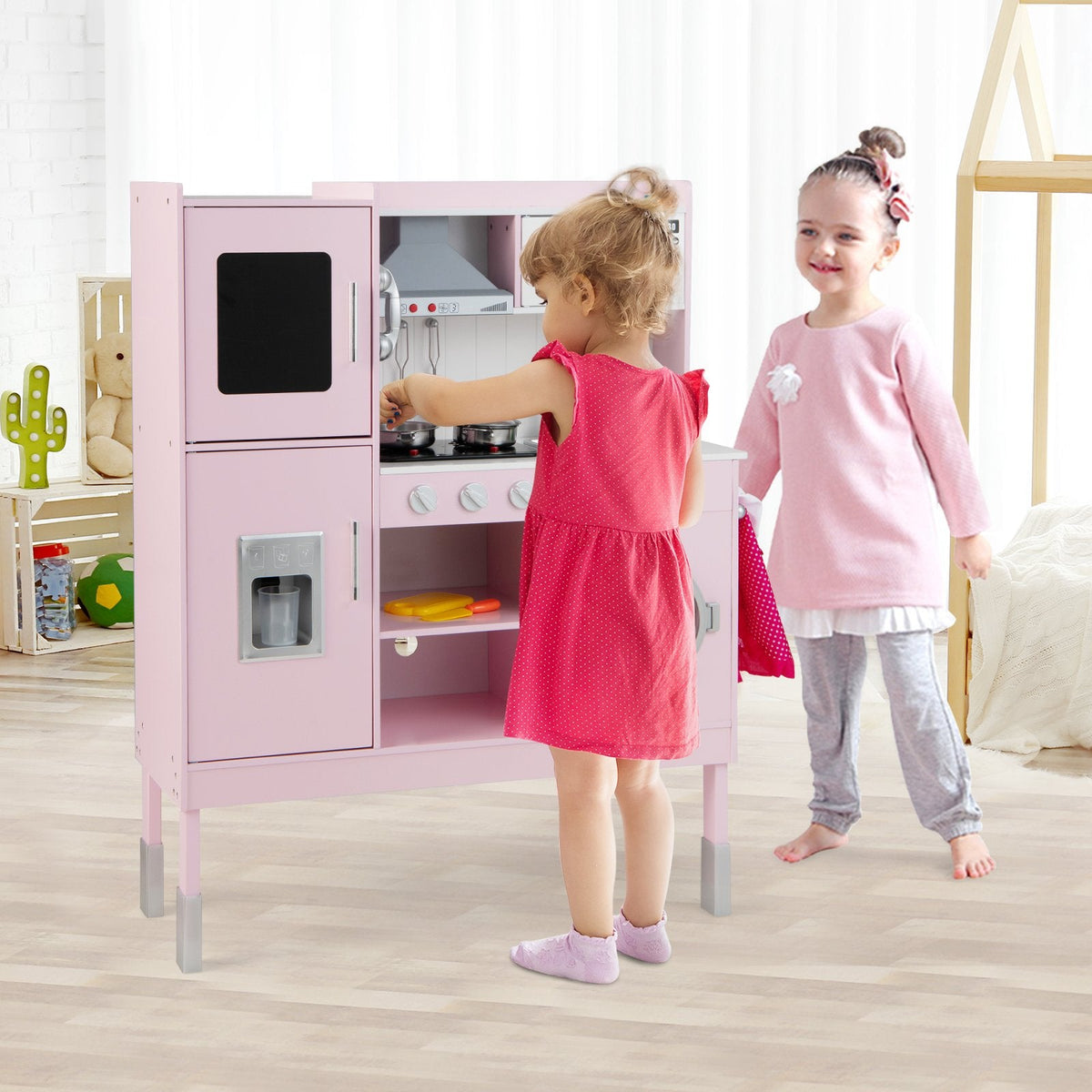 Rosa Spielküche für Kinder mit drei verstellbaren Höhen und 16 Zubehörteilen