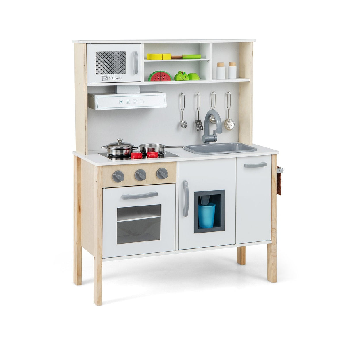 Cuisine de jeu blanche et couleur pin pour tout-petits, avec hotte aspirante, machine à glaçons et 18 accessoires