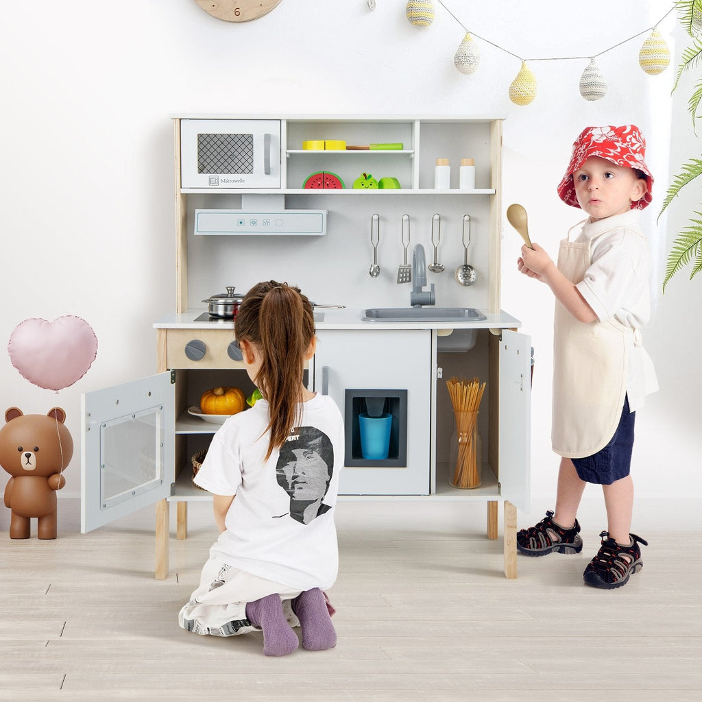 Cuisine de jeu blanche et couleur pin pour tout-petits, avec hotte aspirante, machine à glaçons et 18 accessoires