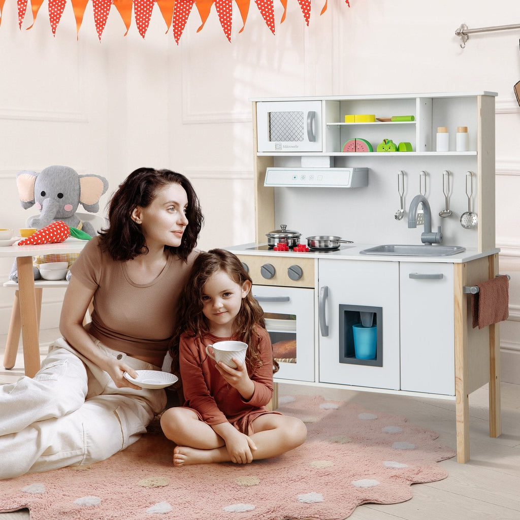 Cuisine de jeu blanche et couleur pin pour tout-petits, avec hotte aspirante, machine à glaçons et 18 accessoires