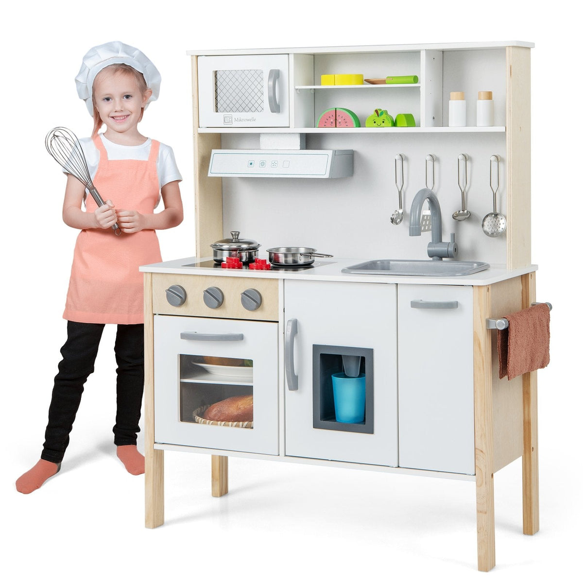 Cuisine de jeu blanche et couleur pin pour tout-petits, avec hotte aspirante, machine à glaçons et 18 accessoires