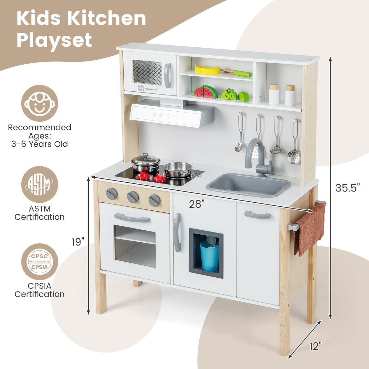 Cuisine de jeu blanche et couleur pin pour tout-petits, avec hotte aspirante, machine à glaçons et 18 accessoires