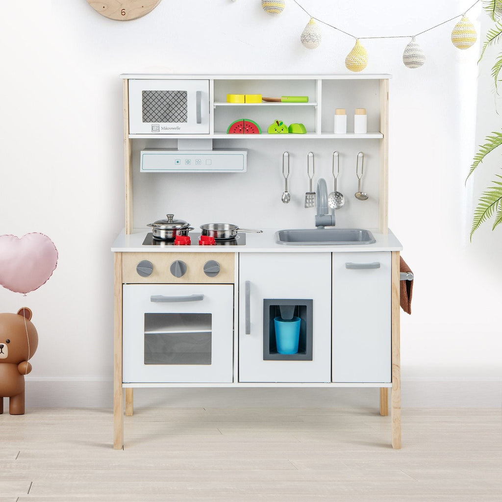 Cuisine de jeu blanche et couleur pin pour tout-petits, avec hotte aspirante, machine à glaçons et 18 accessoires