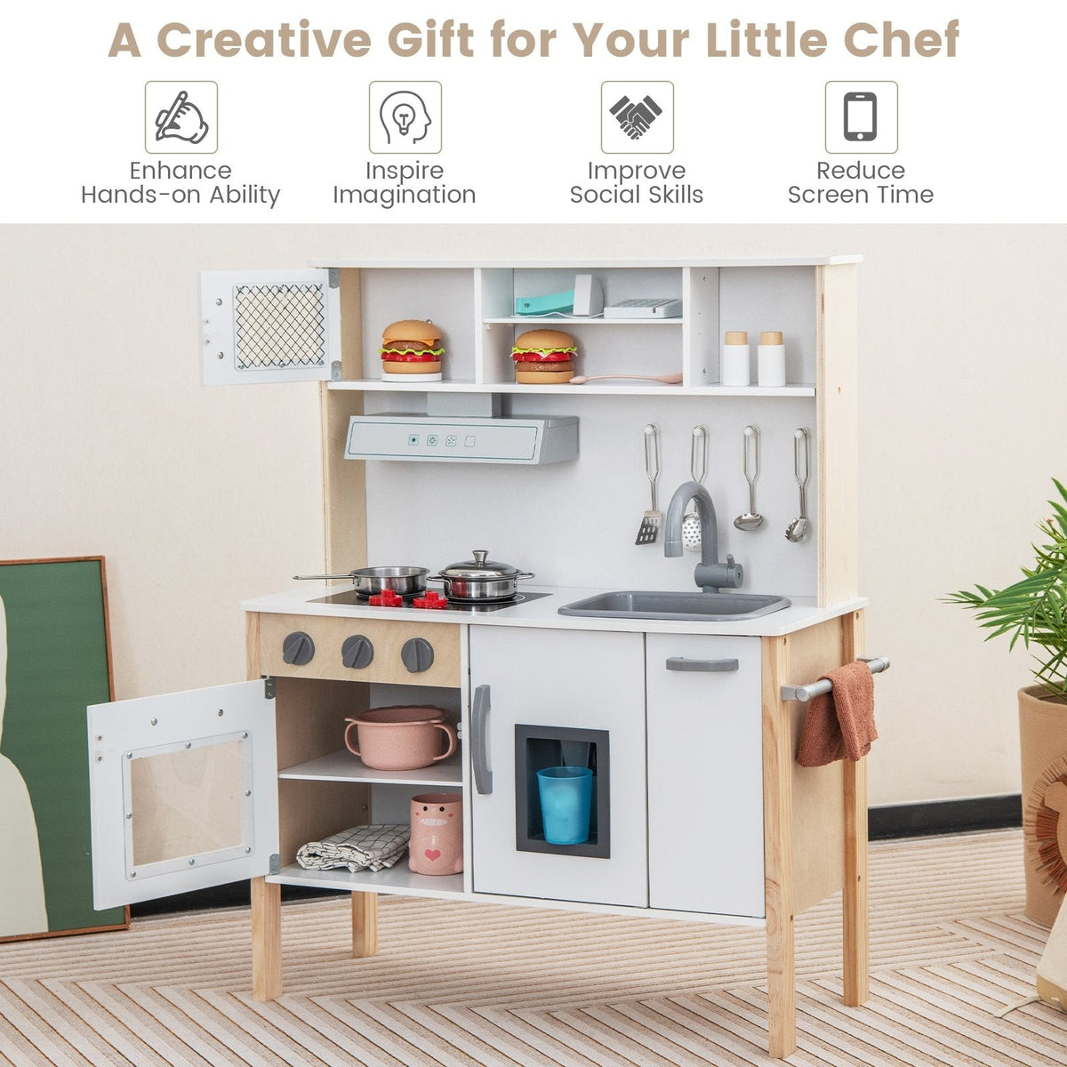 Cuisine de jeu blanche et couleur pin pour tout-petits, avec hotte aspirante, machine à glaçons et 18 accessoires