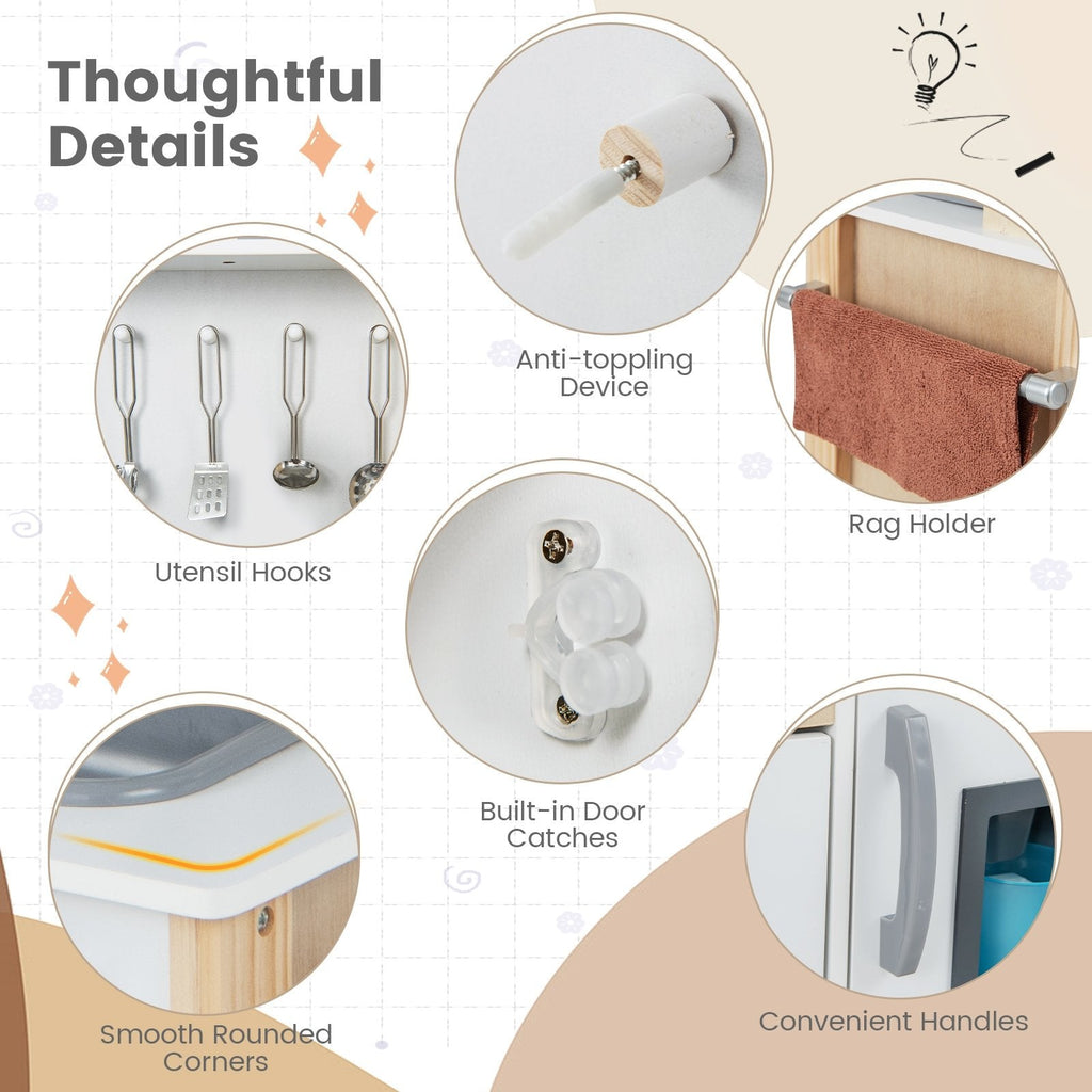 Cuisine de jeu blanche et couleur pin pour tout-petits, avec hotte aspirante, machine à glaçons et 18 accessoires