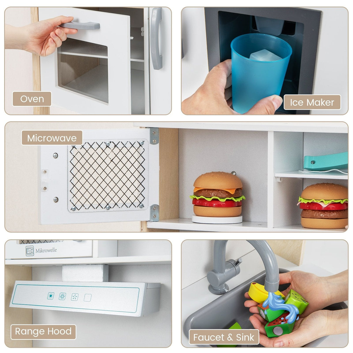 Cuisine de jeu blanche et couleur pin pour tout-petits, avec hotte aspirante, machine à glaçons et 18 accessoires