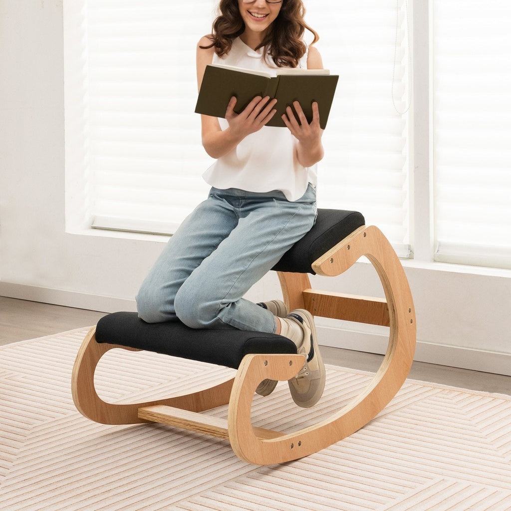 Mecedora de Madera con Cómodo Cojín Acolchado en el Asiento y Soporte para las Rodillas - Negro