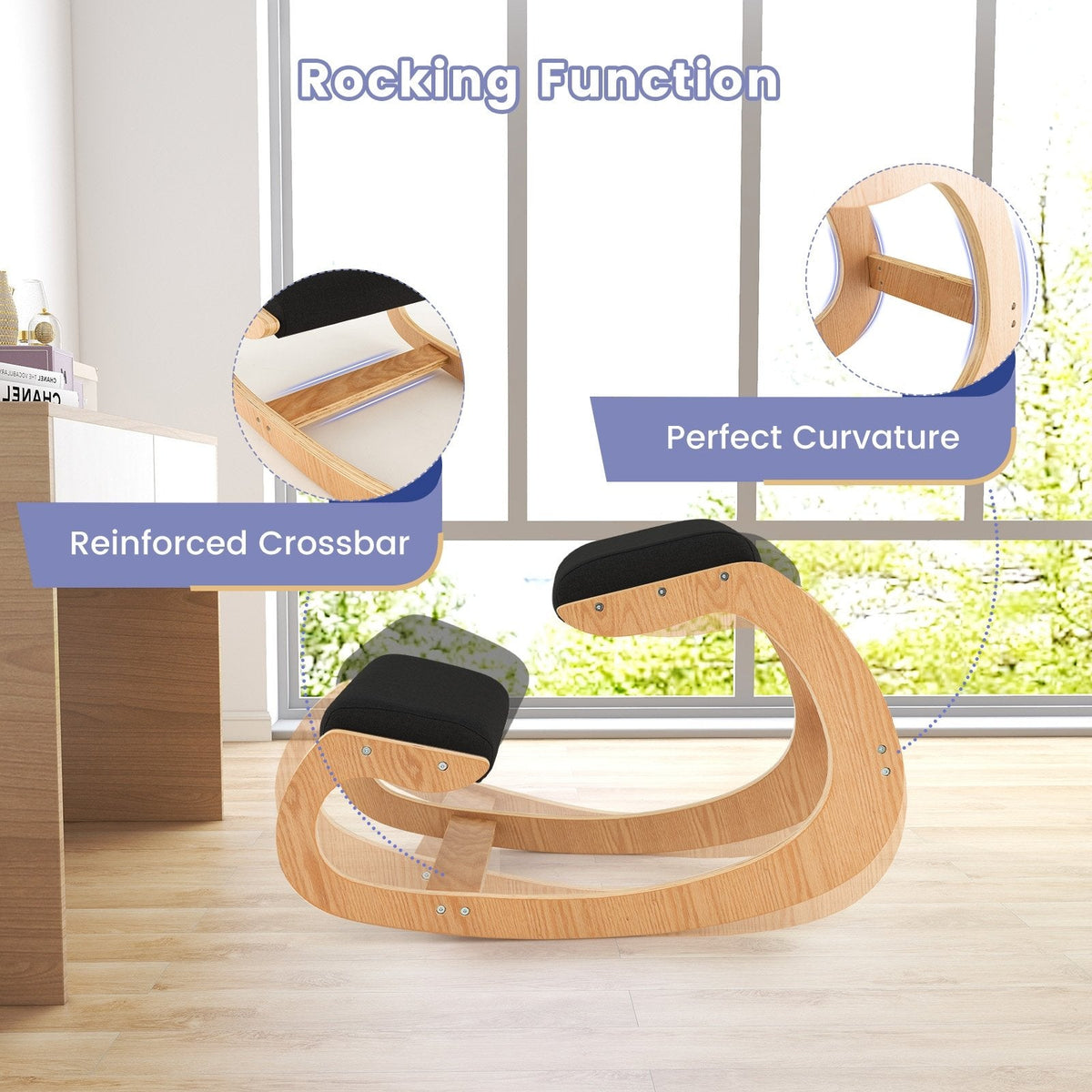 Mecedora de Madera con Cómodo Cojín Acolchado en el Asiento y Soporte para las Rodillas - Negro