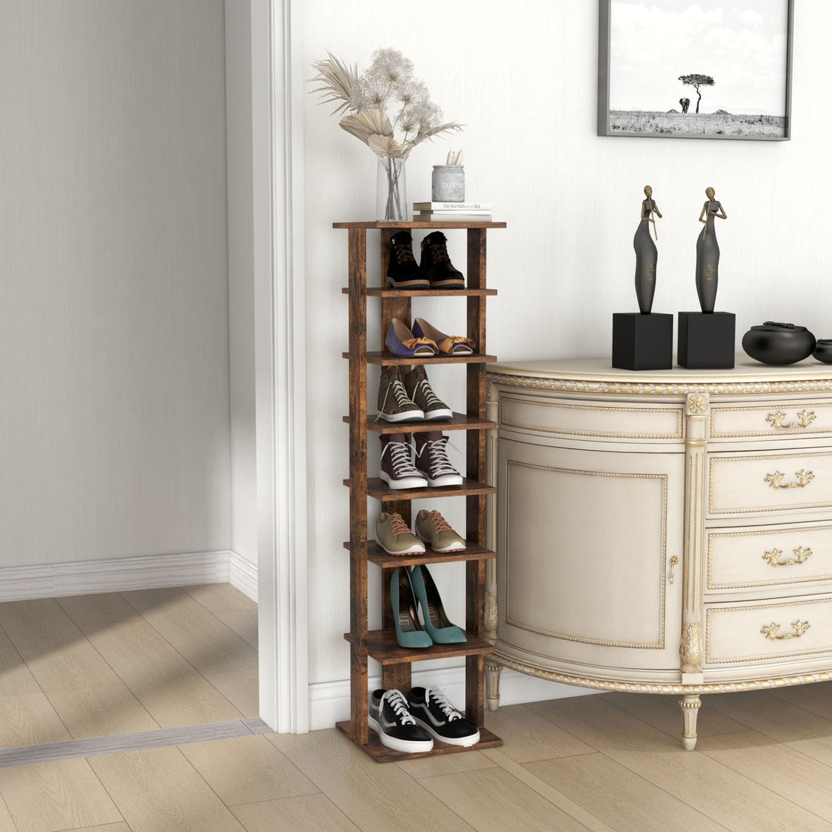 Schuhregal aus Holz 7 Ebenen Schuh-Organizer Mehrschuhregal Schuhkarton-Rustikales Braun