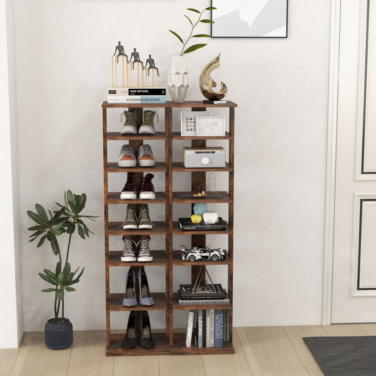 Schuhregal aus Holz 7 Ebenen Schuh-Organizer Mehrschuhregal Schuhkarton-Rustikales Braun