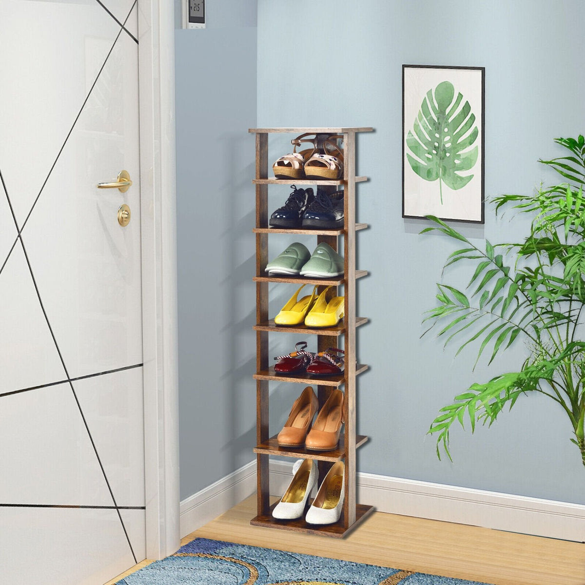 Schuhregal aus Holz 7 Ebenen Schuh-Organizer Mehrschuhregal Schuhkarton-Rustikales Braun