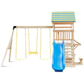 Portique en bois avec grande plate-forme supérieure, toboggan et volant