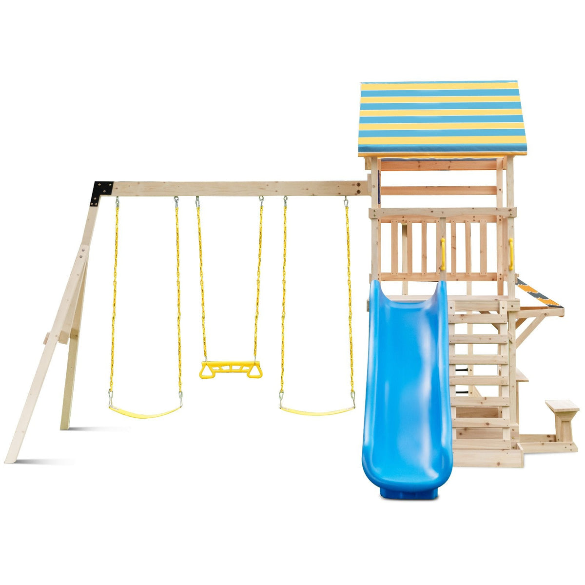 Portique en bois avec grande plate-forme supérieure, toboggan et volant