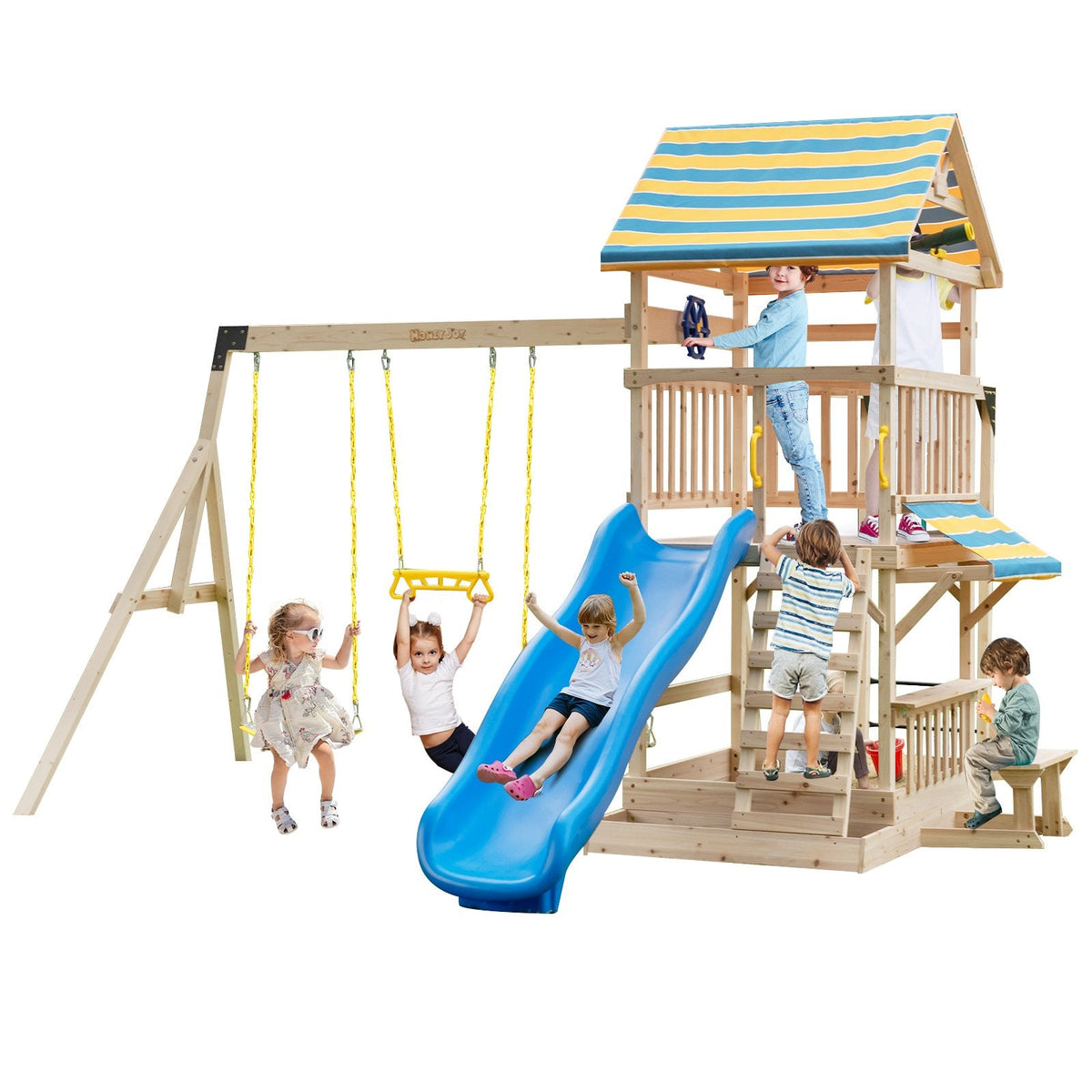 Portique en bois avec grande plate-forme supérieure, toboggan et volant
