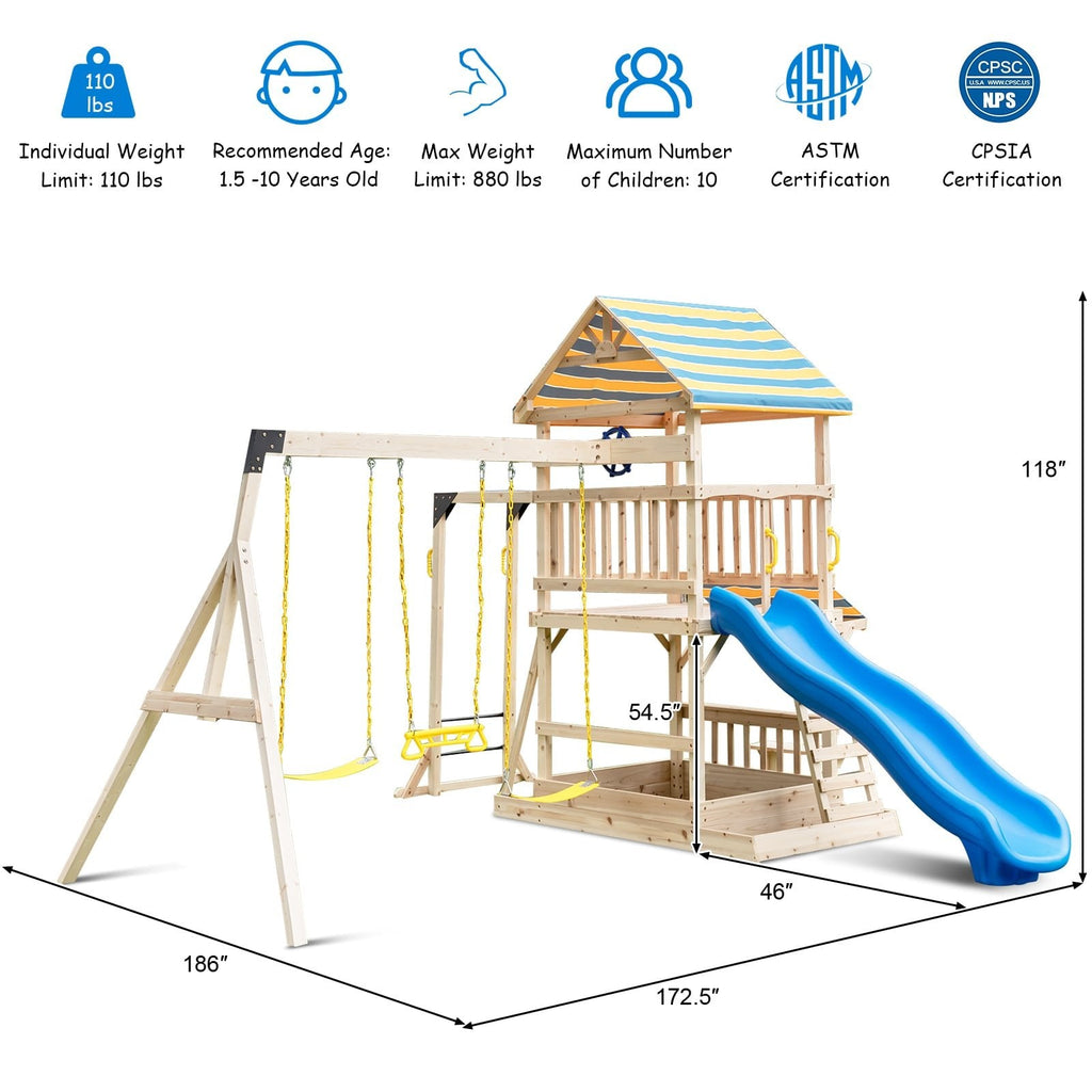 Portique en bois avec grande plate-forme supérieure, toboggan et volant