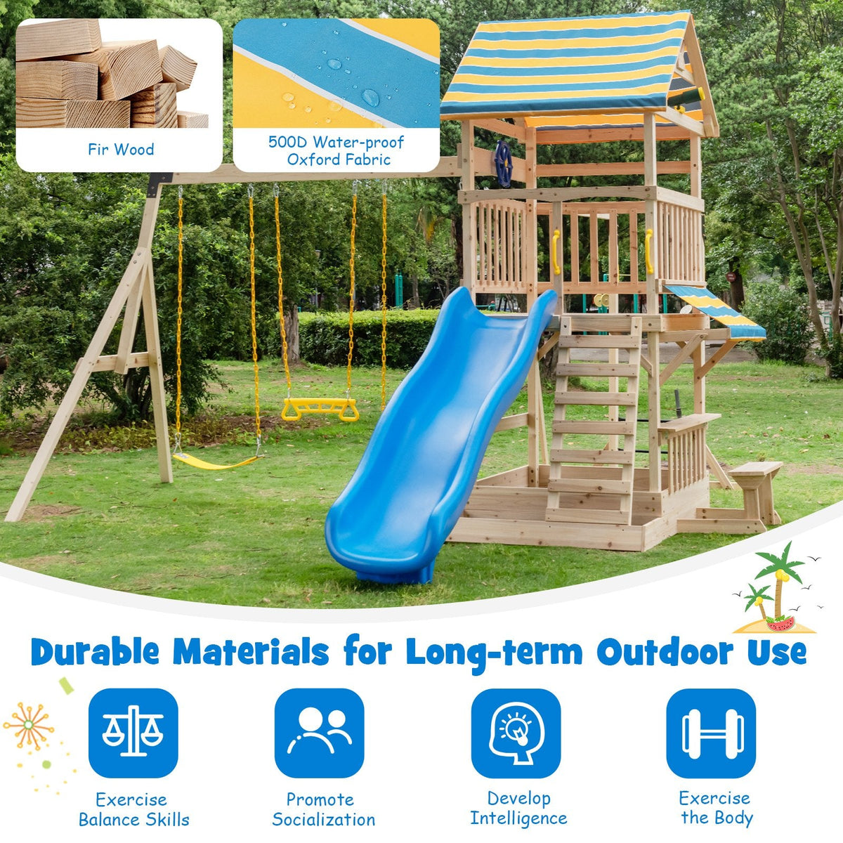 Portique en bois avec grande plate-forme supérieure, toboggan et volant