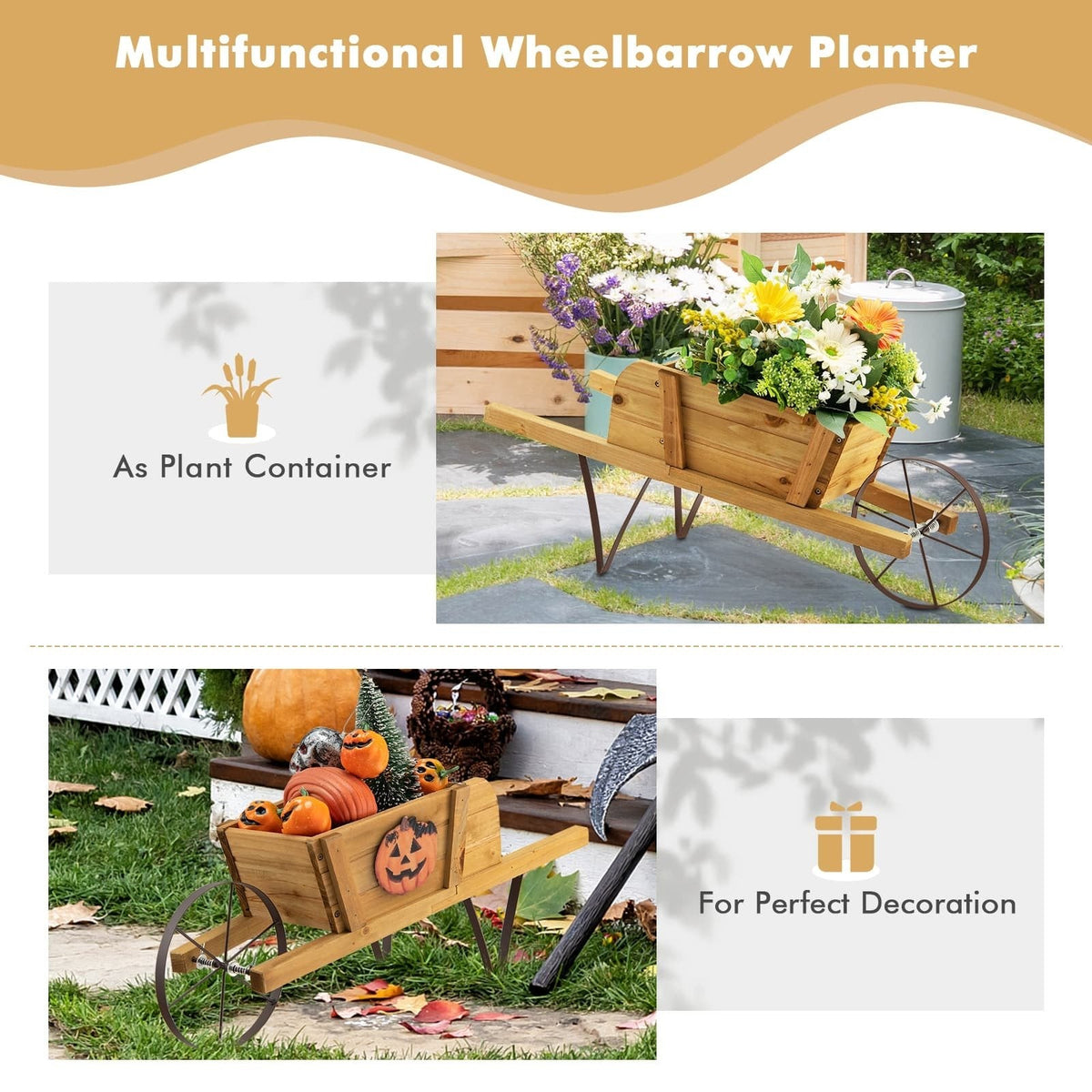 Holz-Wagen-Pflanzgefäß mit 9 magnetischen Zubehörteilen für den Garten – Nussbaum