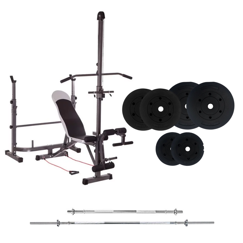 Banco de entrenamiento ajustable con juegos de pesas
