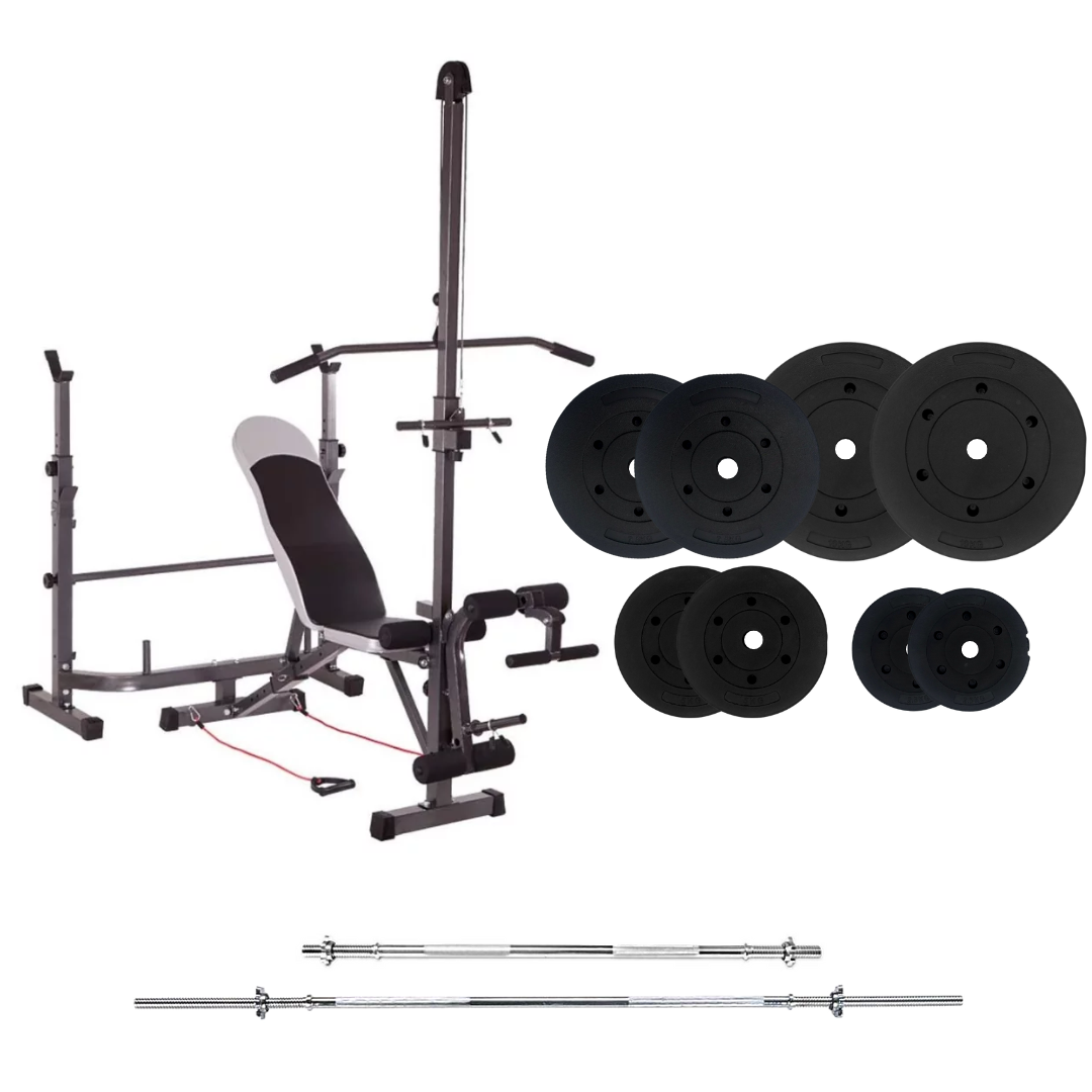 Banco de entrenamiento ajustable con juegos de pesas